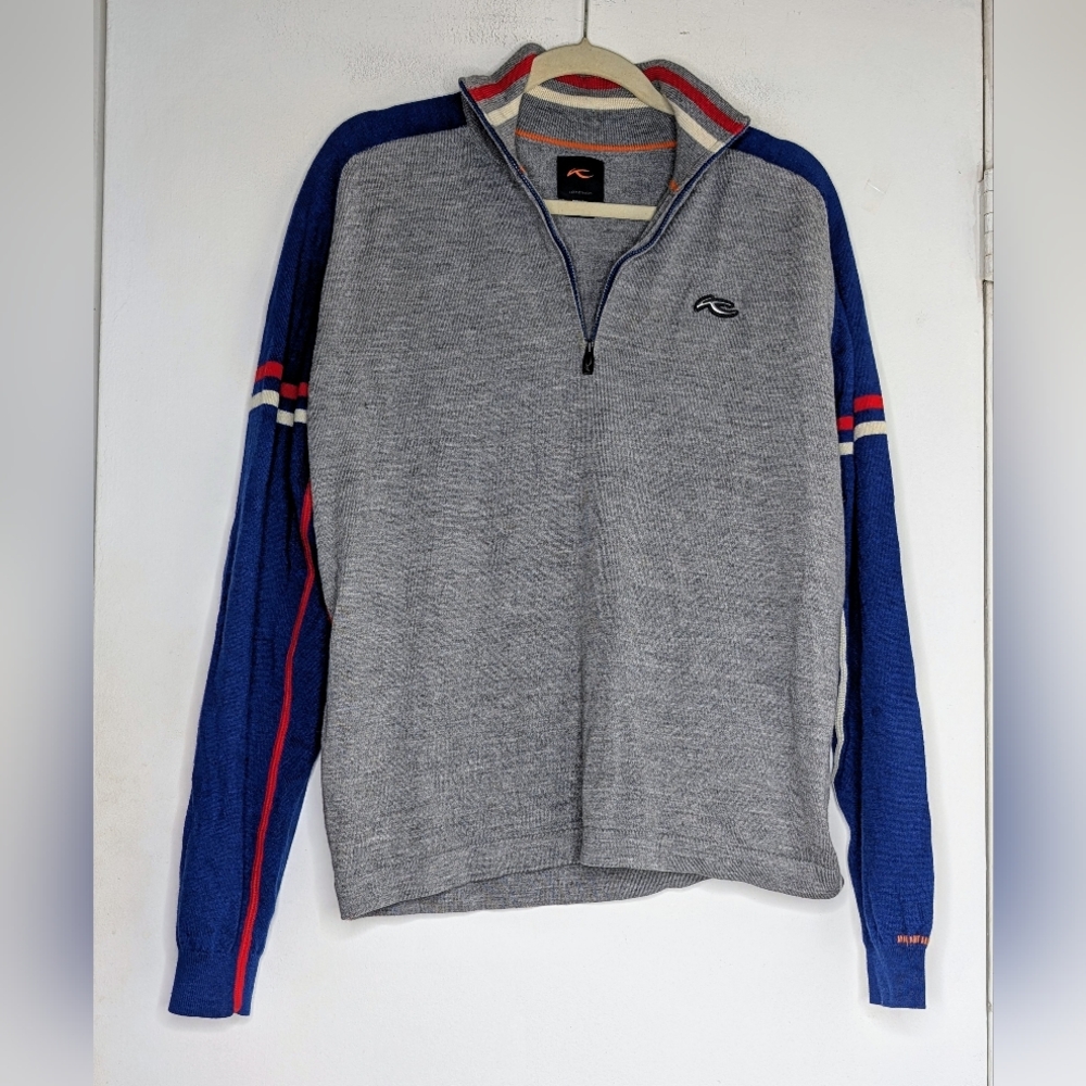Reel Legends Men's Grey Half-Zip Sweater with Blue Sleeves